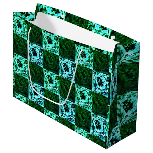 Sacola Para Presentes Grande Xadrez ou ciano verde e azul-céu, com retângulo (Frente inclinada)