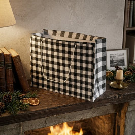 Sacola Para Presentes Grande Xadrez Preto e Branco Gingham Casa de Campo Rústic