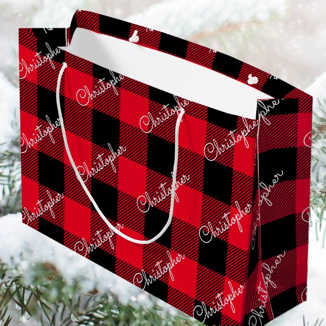 Sacola Para Presentes Grande Xadrez Red Buffalo Nome Personalizado Natal Russo (Criador carregado)