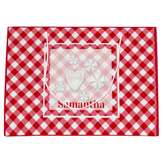 Sacola Para Presentes Grande xadrez tartan clássica textura branca vermelha clá (Frente)