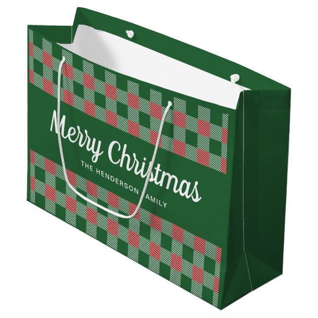 Sacola Para Presentes Grande Xadrez Verde Clássico Feliz Natal (Frente inclinada)