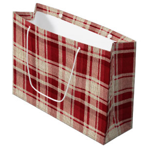 Sacola Para Presentes Grande Xadrezes de Creme Vermelho
