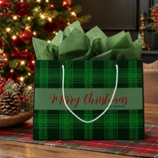 Sacola Para Presentes Grande Xmas Personalizado com Elegante Plaid Tartan Verde