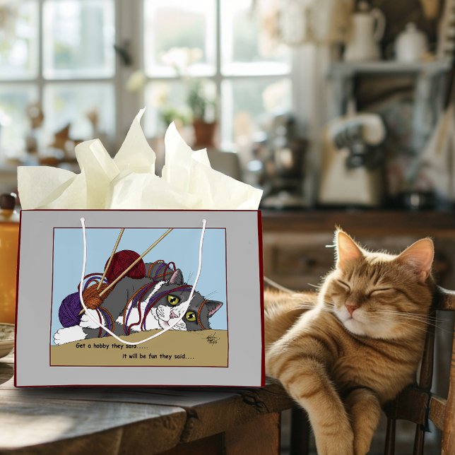 Sacola Para Presentes Grande Yarn Knitting Engraçado Cat (Criador carregado)