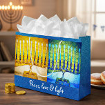 Sacola Para Presentes Grande Yellow Blue Peace Love Light Hanukkah Menorahs<br><div class="desc">"Paz, amor e luz." Uma artista de close-up, ilustração fotográfica de menorras amarelas e azuis de cor clara o ajuda a lançar no feriado de Chanucá. Sinta o calor e a alegria da temporada de festas sempre que você usa este saco de presentes de grande tamanho personalizado fofo e divertido....</div>