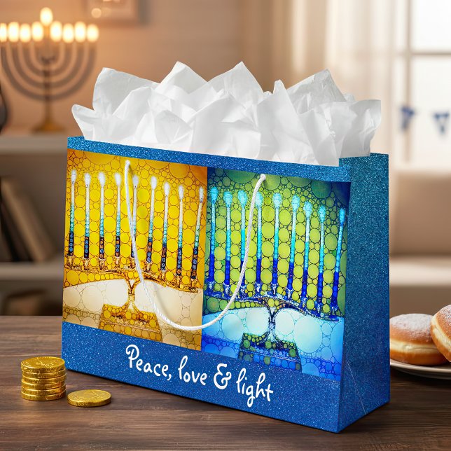 Sacola Para Presentes Grande Yellow Blue Peace Love Light Hanukkah Menorahs (Criador carregado)