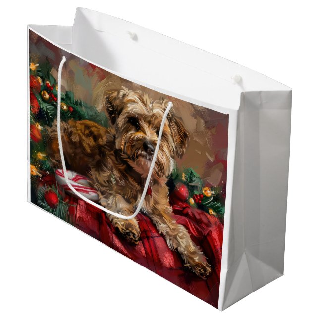 Sacola Para Presentes Grande Yorkipoo Cão Natal Festivo (Frente inclinada)