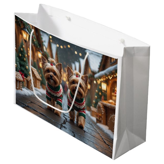 Sacola Para Presentes Grande Yorkipoo Dogs Christmas Snow Holiday (Frente inclinada)