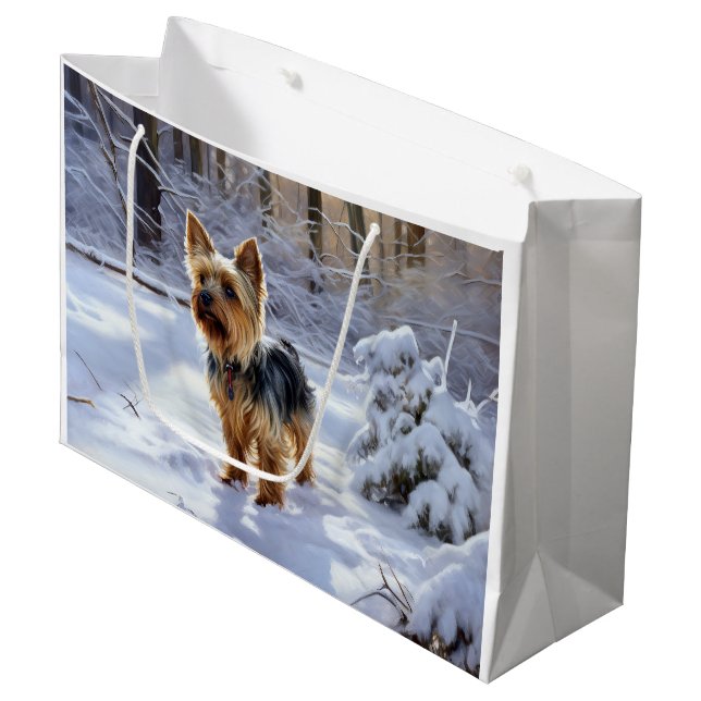 Sacola Para Presentes Grande Yorkshire Terrier Deixe Nevar Natal (Frente inclinada)