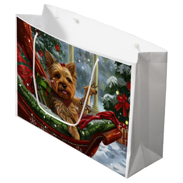Sacola Para Presentes Grande Yorkshire Terrier Dog Natal Festivo (Frente inclinada)