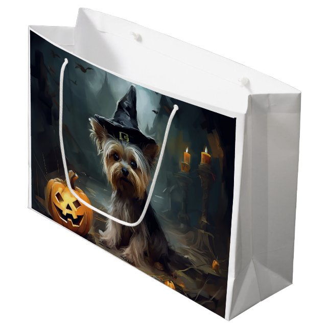 Sacola Para Presentes Grande Yorkshire Terrier Pumpkins Halloween Scary (Frente inclinada)