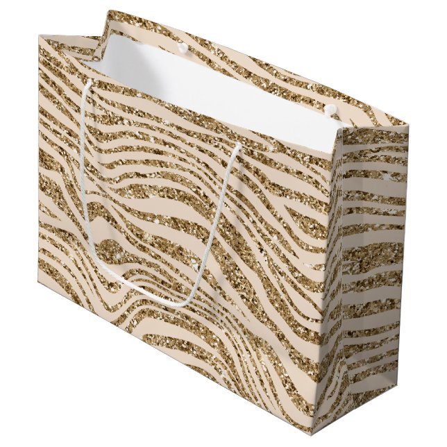 Sacola Para Presentes Grande Zebra Brilho Falso Dourado Creme  (Frente inclinada)