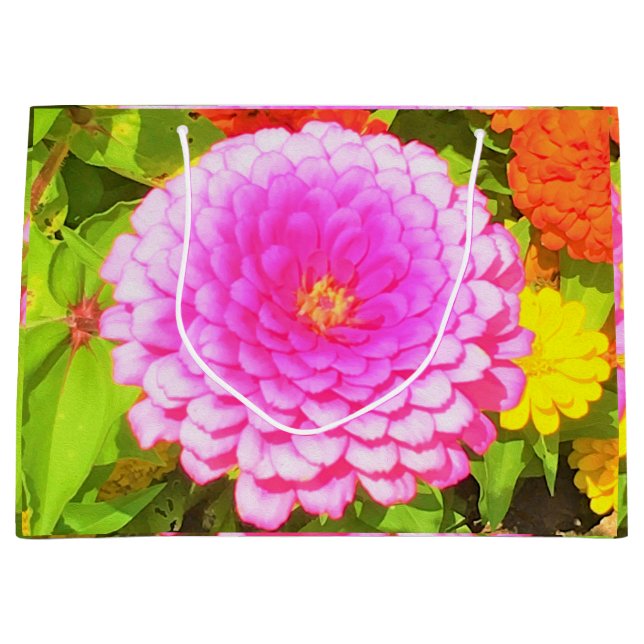 Sacola Para Presentes Grande Zinnia rosa redonda bonito no Jardim de Verão (Frente)