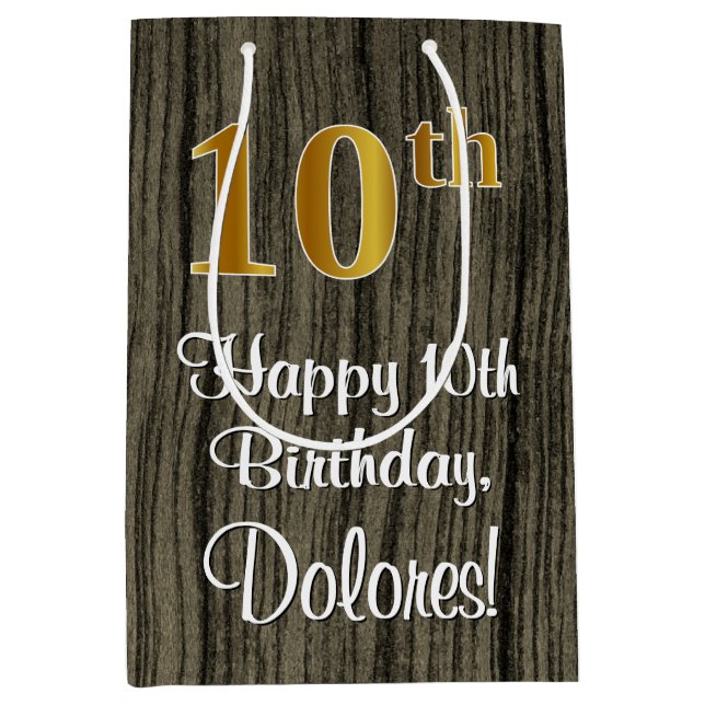 Sacola Para Presentes Média 10º aniversário: Elegante Faux Dourado Look #, Fau (Frente)