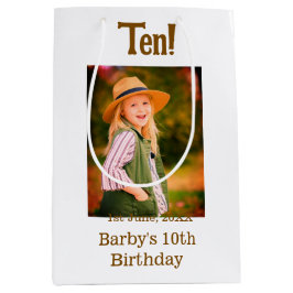Sacola Para Presentes Média 10th birthday photo name date simple brown beige b