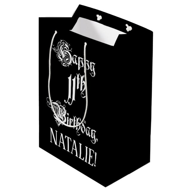Sacola Para Presentes Média 11 Birthday: Rico, Script Elegante + Nome Personal (Verso inclinado)