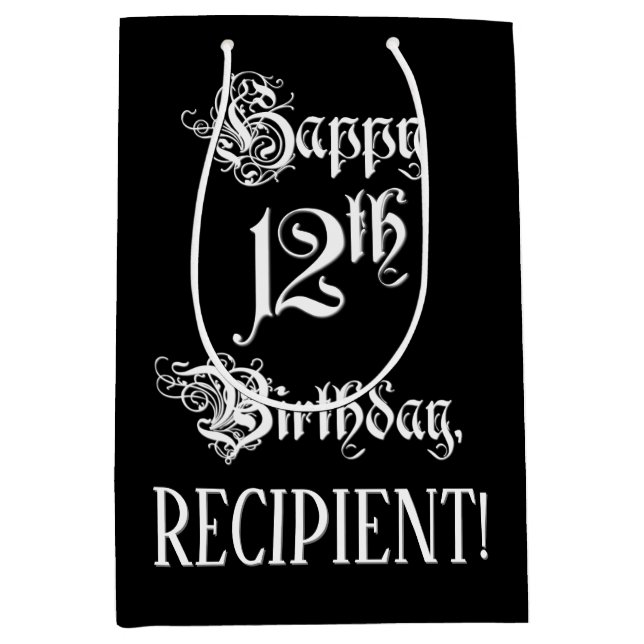 Sacola Para Presentes Média 12 Birthday: Rico, Script Elegante + Nome Personal (Frente)
