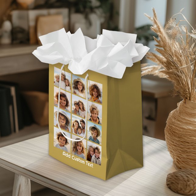 Sacola Para Presentes Média 12 Colagem de Fotos com Dourado Fundo (Custom Gift Bag)