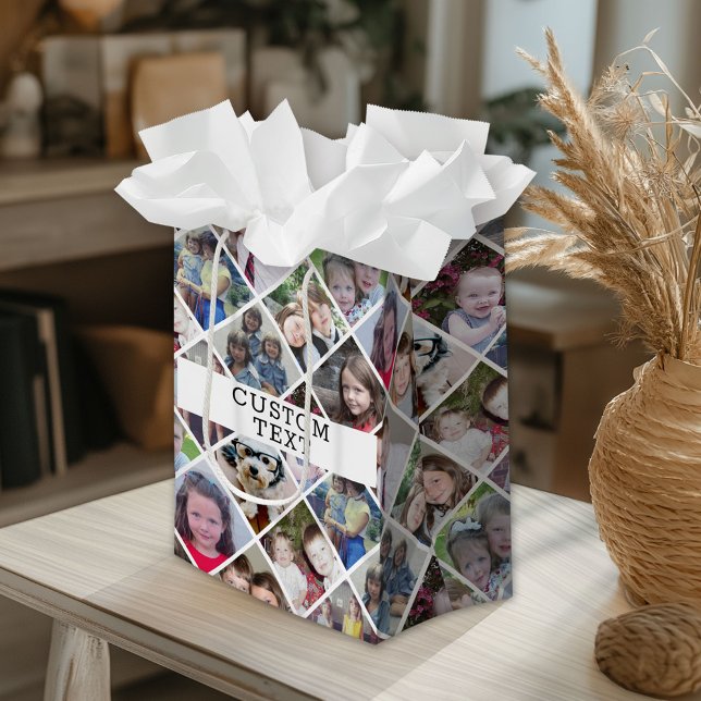 Sacola Para Presentes Média 12 Padrão de Diamante de Foto com texto personaliz (Custom Gift Bag)