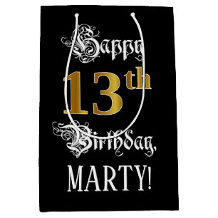 Sacola Para Presentes Média 13 Birthday ~ Rico Script; Faux Dourado Look; Nome