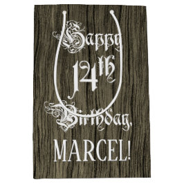 Sacola Para Presentes Média 14 Aniversário: Rico, Faux Wood Look + Nome Person