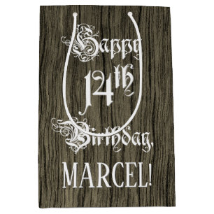 Sacola Para Presentes Média 14 Aniversário: Rico, Faux Wood Look + Nome Person