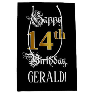 Sacola Para Presentes Média 14 Birthday ~ Rico Script; Faux Dourado Look; Nome