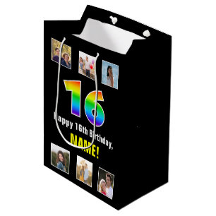Sacola Para Presentes Média 16.º aniversário: Arco-Íris "16", Fotos e Nome Per