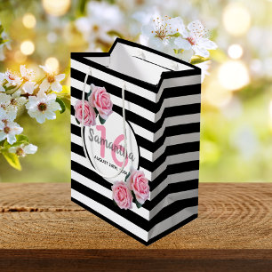 Sacola Para Presentes Média 16.º aniversário - rosas rosa-chic - listras bra