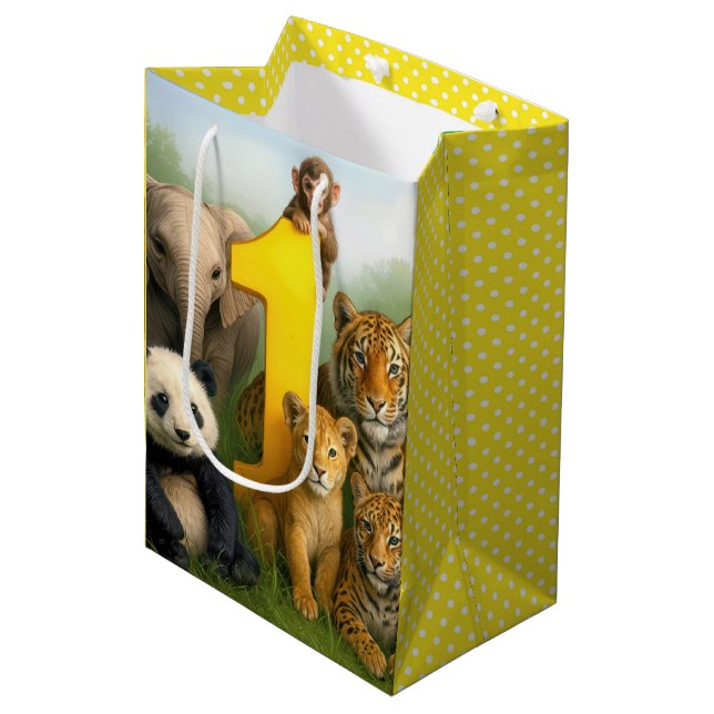 Sacola Para Presentes Média 1st Birthday Wildlife Animal Babies (Frente inclinada)