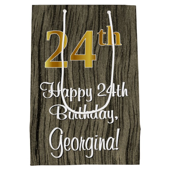 Sacola Para Presentes Média 24.º aniversário: Elegante Faux Dourado Look #, Fa (Verso)