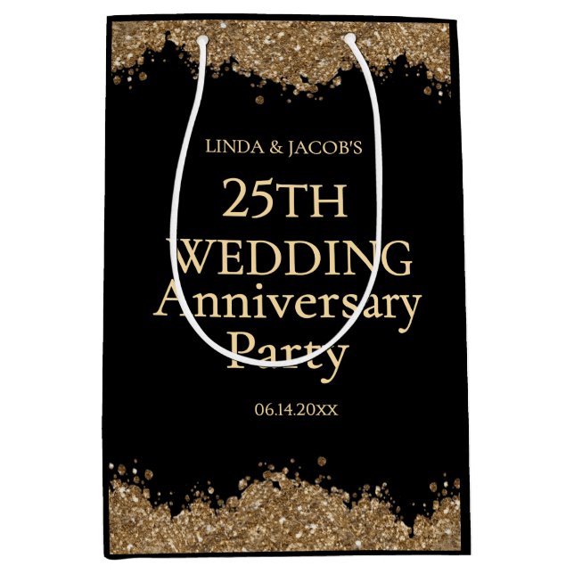 Sacola Para Presentes Média 25th Wedding Anniversary Gold Faux Glitter  (Frente)
