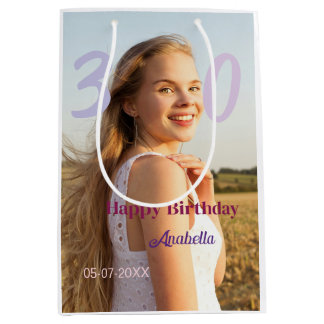 Sacola Para Presentes Média 30th birthday add name date year PURPLE PINK BOLD