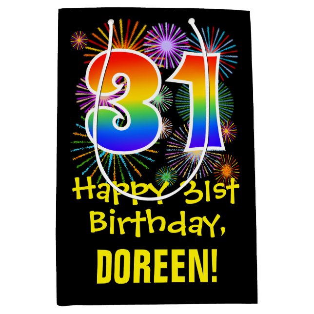 Sacola Para Presentes Média 31º aniversário: Padrão Divertido de Fogos de Arti (Frente)