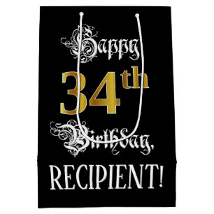 Sacola Para Presentes Média 34º aniversário ~ Script do Rico; Faux Dourado Loo