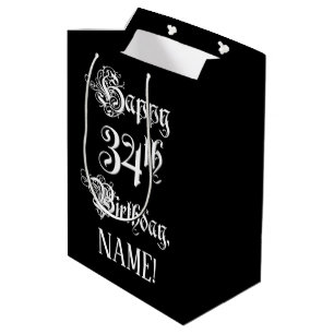Sacola Para Presentes Média 34.o aniversário: Rico, Script Elegante + Nome Per