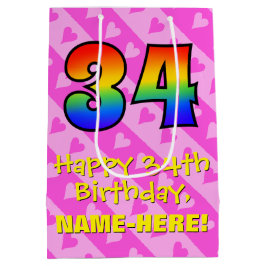 Sacola Para Presentes Média 34.o aniversário: Riscos de Corações Rosa Divertid