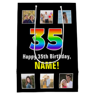 Sacola Para Presentes Média 35.º aniversário: Rainbow "35", Fotos e Nome Perso