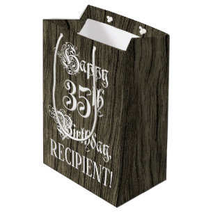 Sacola Para Presentes Média 35.o aniversário: Rico, Faux Wood Look + Nome Per
