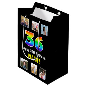 Sacola Para Presentes Média 36.º aniversário: Rainbow "36", Fotos e Nome Perso