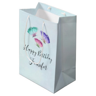 Sacola Para Presentes Média 3 Borboletas Bonito de Pastel Watercolor Aniversár