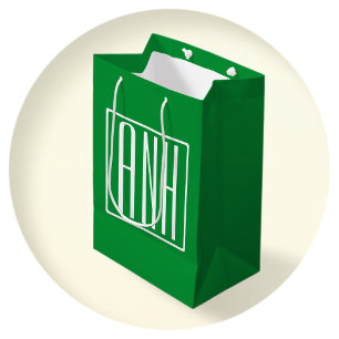 Sacola Para Presentes Média 3 Iniciais Monograma Verde e branco