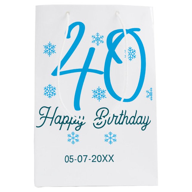 Sacola Para Presentes Média 40th birthday add name date year blue template (Frente)
