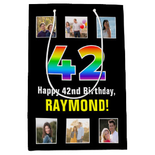 Sacola Para Presentes Média 42º Aniversário: Arco-Íris "42", Fotos e Nome Pers