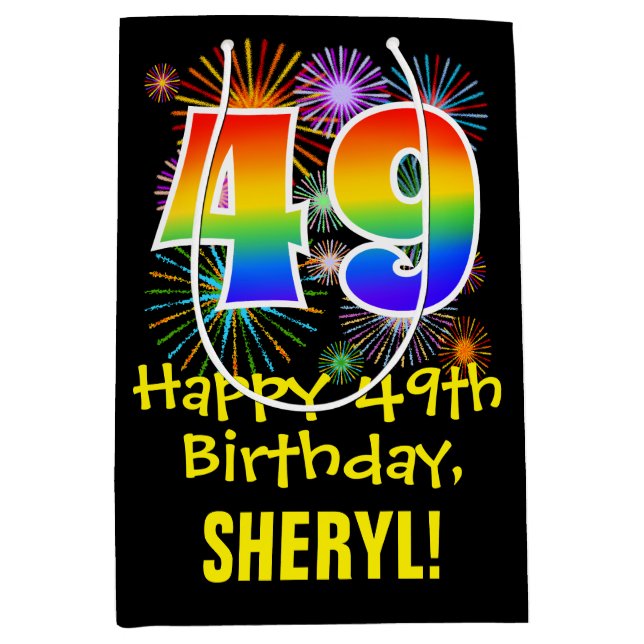 Sacola Para Presentes Média 49º aniversário: Padrão Divertido de Fogos de Arti (Frente)