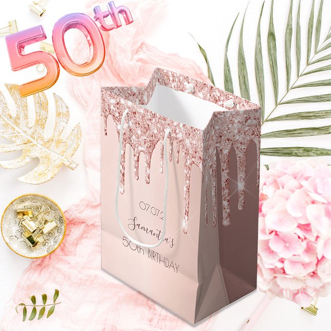 Sacola Para Presentes Média 50º aniversário 50 rosa dourado glitter nome (Criador carregado)