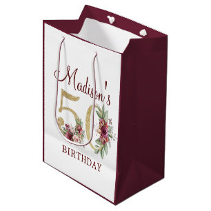 Sacola Para Presentes Média 50º aniversário da Borgonha Dourada Floral perso