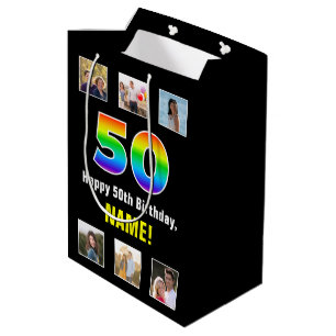 Sacola Para Presentes Média 50º aniversário: Rainbow "50", Fotos e Nome Person
