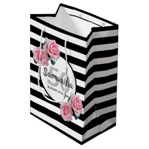 Sacola Para Presentes Média 50.º aniversário - rosas cor-de-rosa - listras bra