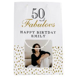 Sacola Para Presentes Média 50 and Fabulous Gold Glitter Photo 50th Birthday